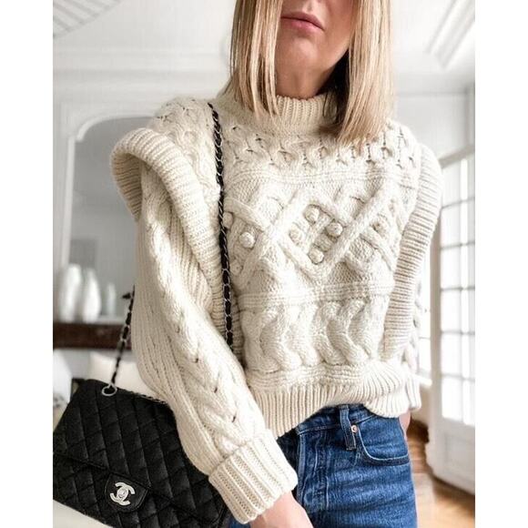 Isabel Marant Milane Cropped Cable Knit Merino Wool Sweater Ivory Sz 34 …